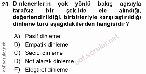 20. soru: Dinlenenlerin çok yönlü bakış açısıyla tarafsız bir şekilde ele alındığı, değerlendirildiği, birbirleriyle karşılaştı…