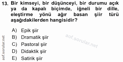 13. soru: Bir kimseyi, bir düşünceyi, bir durumu açık ya da kapalı biçimde, iğneli bir dille, eleştirme yönü ağır basan şiir tü…