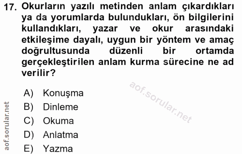 17. soru: Okurların yazılı metinden anlam çıkardıkları ya da yorumlarda bulundukları, ön bilgilerini kullandıkları, yazar ve ok…