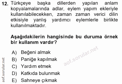 12. soru: Türkçeye başka dillerden yapılan anlam kopyalamalarında adlar, eylem yapım ekleriyle kullanılabilecekken, zaman zaman…