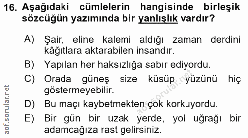 16. soru: Aşağıdaki cümlelerin hangisinde birleşik sözcüğün yazımında bir yanlışlık vardır? A) Şair, eline kalemi aldığı zaman…
