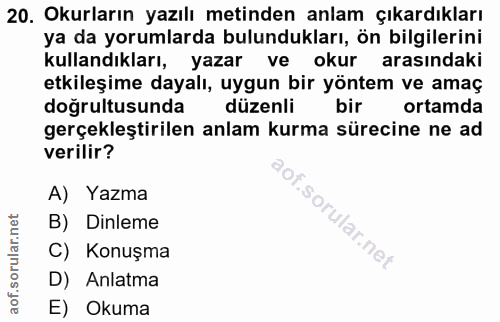 20. soru: Okurların yazılı metinden anlam çıkardıkları ya da yorumlarda bulundukları, ön bilgilerini kullandıkları, yazar ve ok…