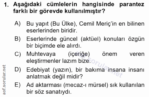 1. soru: Aşağıdaki cümlelerin hangisinde parantez farklı bir görevde kullanılmıştır? A) Bu yapıt (Bu Ulke), Cemil Merç'in en b…