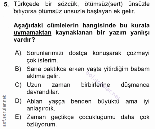 5. soru: Türkçede bir sözcük, ötümsüz(sert) ünsüzle bitiyorsa ötümsüz ünsüzle başlayan ek gelir. Aşağıdaki cümlelerin hangisin…