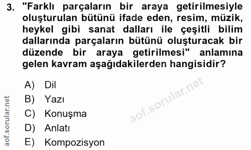 3. soru: "Farklı parçaların bir araya getirilmesiyle oluşturulan bütünü ifade eden, resim, müzik, heykel gibi sanat dalları il…