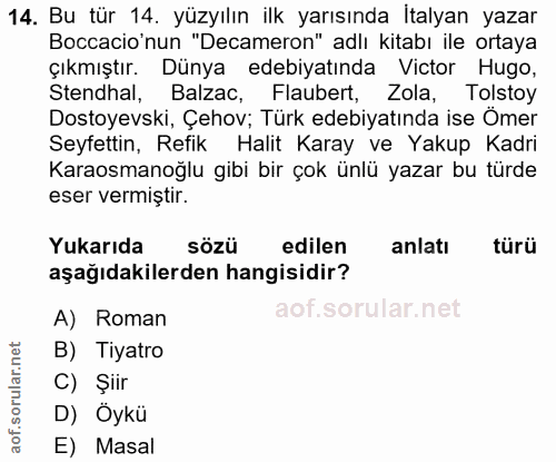 14. soru: Bu tür 14. yüzyılın ilk yarısında İtalyan yazar Boccacio'nun "Decameron" adlı kitabı ile ortaya çıkmıştır. Dünya edeb…