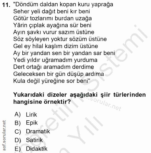 11. soru: "Döndüm daldan kopan kuru yaprağa Seher yeli dağıt beni kır beni Götür tozlarımı burdan uzağa Yârin çıplak ayağına sü…