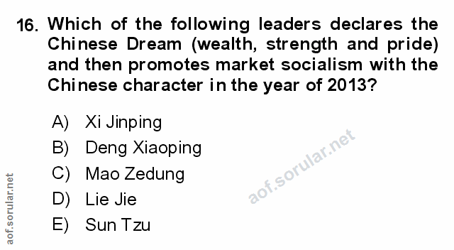 16. soru: Which of the following leaders declares the Chinese Dream (wealth, strength and pride) and then promotes market socia…