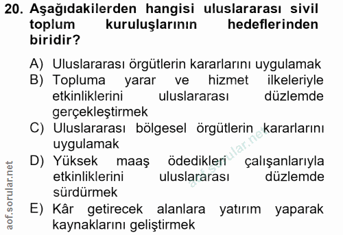 20. soru: Aşağıdakilerden hangisi uluslararası sivil toplum kuruluşlarının hedeflerinden biridir? A) Uluslararası örgütlerin ka…