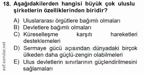 18. soru: Aşağıdakilerden hangisi büyük çok uluslu şirketlerin özelliklerinden biridir? A) Uluslararası örgütlere bağımlı olmal…