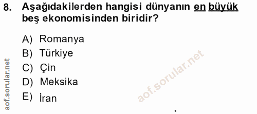 8. soru: Aşağıdakilerden hangisi dünyanın en büyük beş ekonomisinden biridir? A) Romanya B) Türkiye C) Çin D) Meksika E) İran