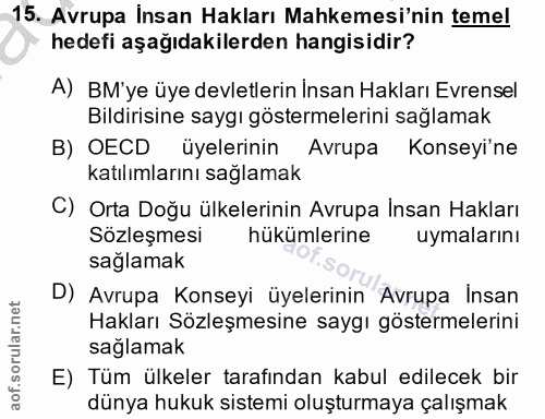 15. soru: Avrupa İnsan Hakları Mahkemesi'nin temel hedefi aşağıdakilerden hangisidir? A) BM'ye üye devletlerin İnsan Hakları Ev…