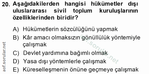 20. soru: Aşağıdakilerden hangisi hükümetler dışı uluslararası sivil toplum kuruluşlarının özelliklerinden biridir? A) Hükümetl…