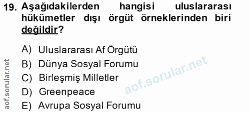 19. soru: Aşağıdakilerden hangisi uluslararası hükümetler dışı örgüt örneklerinden biri değildir? A) Uluslararası Af Örgütü B)…
