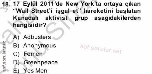 18. soru: 17 Eylül 2011'de New York'ta ortaya çıkan "Wall Street'i işgal et" hareketini başlatan Kanadalı aktivist grup aşağıda…