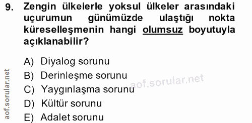9. soru: Zengin ülkelerle yoksul ülkeler arasındaki uçurumun günümüzde ulaştığı nokta küreselleşmenin hangi olumsuz boyutuyla…