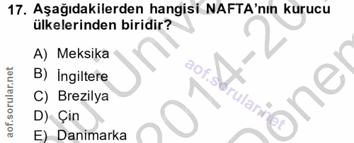 17. soru: Aşağıdakilerden hangisi NAFTA'nın kurucu ülkelerinden biridir? A) Meksika B) Ingiltere C) Brezilya rulare D) Çin E) D…