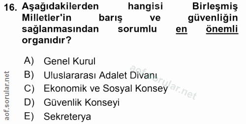 16. soru: Aşağıdakilerden hangisi Birleşmiş Milletler'in barış ve güvenliğin sağlanmasından sorumlu en önemli organıdır? A) Gen…