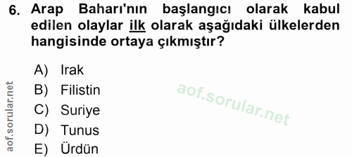 6. soru: Arap Baharı'nın başlangıcı olarak kabul edilen olaylar ilk olarak aşağıdaki ülkelerden hangisinde ortaya çıkmıştır? A…