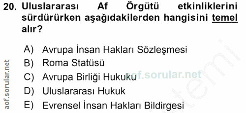 20. soru: Uluslararası Af Örgütü etkinliklerini sürdürürken aşağıdakilerden hangisini temel alır? A) Avrupa İnsan Hakları Sözle…