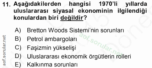 11. soru: Aşağıdakilerden hangisi 1970'li yıllarda uluslararası siyasal ekonominin ilgilendiği konulardan biri değildir? A) Bre…