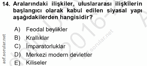 14. soru: Aralarındaki ilişkiler, uluslararası ilişkilerin başlangıcı olarak kabul edilen siyasal yapı aşağıdakilerden hangisid…