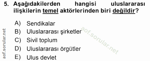 5. soru: Aşağıdakilerden hangisi uluslararası ilişkilerin temel aktörlerinden biri değildir? By Uluslararası şirketler@. A) Se…