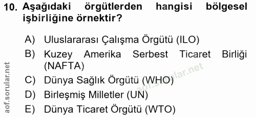 10. soru: Aşağıdaki örgütlerden hangisi bölgesel işbirliğine örnektir? A) Uluslararası Çalışma Örgütü (ILO) B) Kuzey Amerika Se…