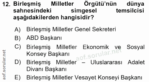 12. soru: Birleşmiş Milletler Örgütü'nün dünya sahnesindeki simgesel temsilcisi aşağıdakilerden hangisidir? A) Birleşmiş Millet…