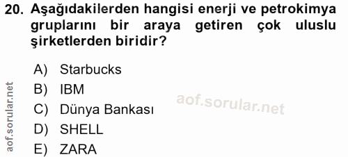 20. soru: Aşağıdakilerden hangisi enerji ve petrokimya gruplarını bir araya getiren çok uluslu şirketlerden biridir? A) Starbuc…