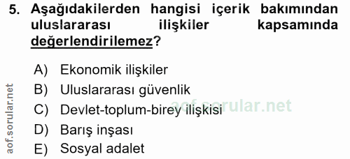 5. soru: Aşağıdakilerden hangisi içerik bakımından uluslararası ilişkiler kapsamında değerlendirilemez? A) Ekonomik ilişkiler…