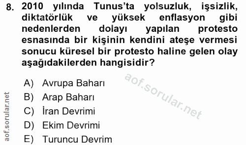 8. soru: 2010 yılında Tunus'ta yolsuzluk, işsizlik, diktatörlük ve yüksek enflasyon gibi nedenlerden dolayı yapılan protesto e…