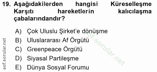 19. soru: Aşağıdakilerden hangisi Küreselleşme Karşıtı hareketlerin kalıcılaşma çabalarındandır? A) Çok Uluslu Şirket'e dönüşme…