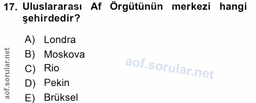 17. soru: Uluslararası Af Örgütünün merkezi hangi şehirdedir? A) Londra B) Moskova C) Rio D) Pekin E) Brüksel