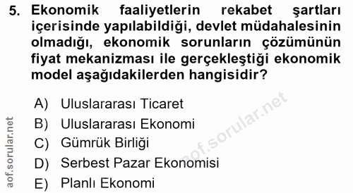 5. soru: Ekonomik faaliyetlerin rekabet sartları içerisinde yapılabildiği, devlet müdahalesinin olmadığı, ekonomik sorunların…