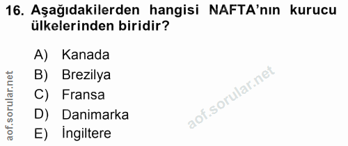 16. soru: Aşağıdakilerden hangisi NAFTA'nın kurucu ülkelerinden biridir? A) Kanada rular.net B) Brezilya C) Fransa D) Danimarka…