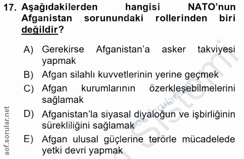 17. soru: Aşağıdakilerden hangisi NATO'nun Afganistan sorunundaki rollerinden biri değildir? A) Gerekirse Afganistan'a asker ta…