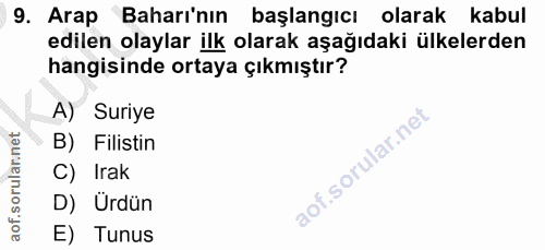9. soru: Arap Baharı'nın başlangıcı olarak kabul edilen olaylar ilk olarak aşağıdaki ülkelerden hangisinde ortaya çıkmıştır? A…