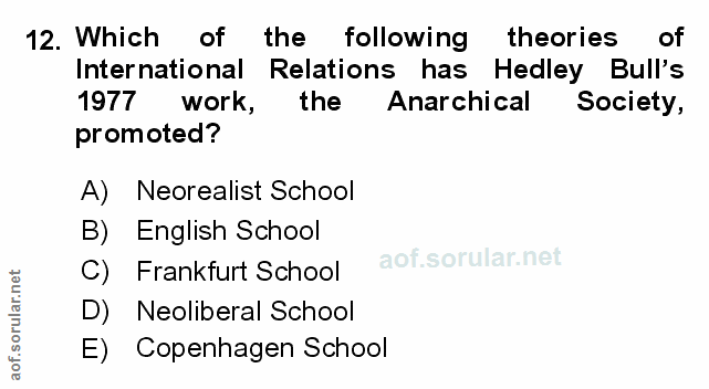 12. soru: Which of the following theories of International Relations has Hedley Bull's 1977 work, the Anarchical Society, promo…
