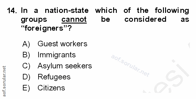 14. soru: In a nation-state which of the following groups cannot be considered as "foreigners"? A) Guest workers B) Immigrants…