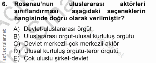 6. soru: Rosenau'nun uluslararası aktörleri sınıflandırması aşağıdaki seçeneklerin hangisinde doğru olarak verilmiştir? A) Dev…