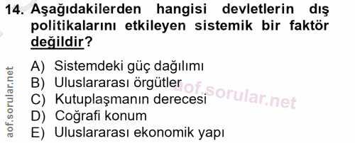 14. soru: Aşağıdakilerden hangisi devletlerin dış politikalarını etkileyen sistemik bir faktör değildir? A) Sistemdeki güç dağı…