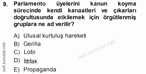 9. soru: Parlamento üyelerini kanun koyma sürecinde kendi kanaatleri ve çıkarları doğrultusunda etkilemek için örgütlenmiş gru…