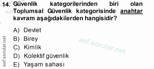 14. soru: Güvenlik kategorilerinden biri olan Toplumsal Güvenlik kategorisinde anahtar kavram aşağıdakilerden hangisidir? A) De…