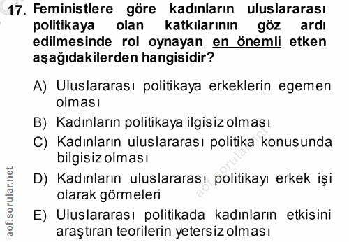 17. soru: Feministlere göre kadınların uluslararası politikaya olan katkılarının göz ardı edilmesinde rol oynayan en önemli etk…