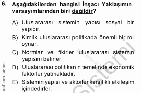 6. soru: Aşağıdakilerden hangisi İnşacı Yaklaşımın varsayımlarından biri değildir? A) Uluslararası sistemin yapısı sosyal bir…