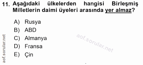 11. soru: Aşağıdaki ülkelerden hangisi Birleşmiş Milletlerin daimi üyeleri arasında yer almaz? A) Rusya B) ABD C) Almanya D) Fr…