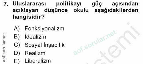 7. soru: Uluslararası politikayı güç açısından açıklayan düşünce okulu aşağıdakilerden hangisidir? A) Fonksiyonalizm B) İdeali…