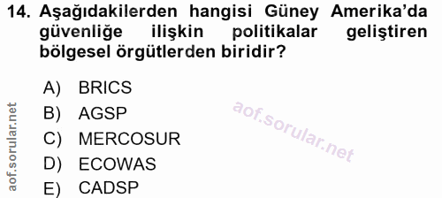 14. soru: Aşağıdakilerden hangisi Güney Amerika'da güvenliğe ilişkin politikalar geliştiren bölgesel örgütlerden biridir? A) BR…