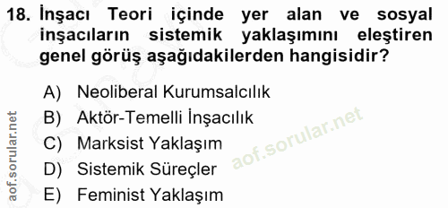 18. soru: Inşacı Teori içinde yer alan ve sosyal inşacıların sistemik yaklaşımını eleştiren genel görüş aşağıdakilerden hangisi…